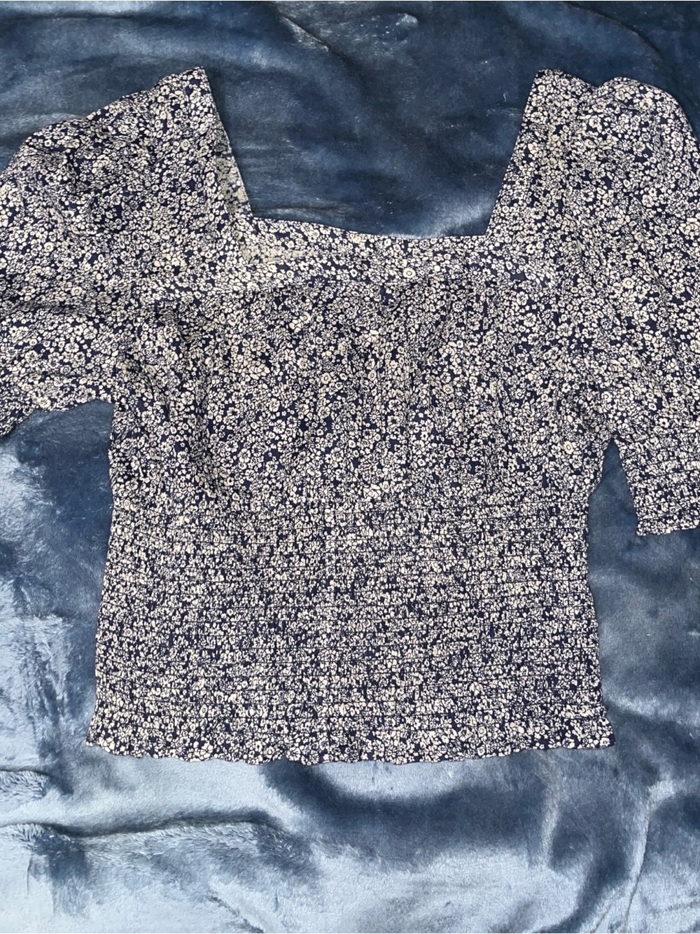 Universal Thread Navy and White Floral Square-Neck Smocked Top